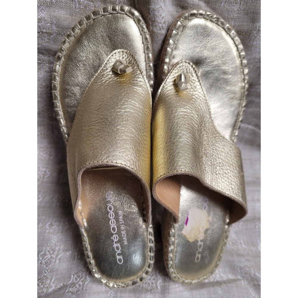 Andre Assous Gold Metallic Leather Espadrille Wedge 8.5 Sandals Spain Womens 39